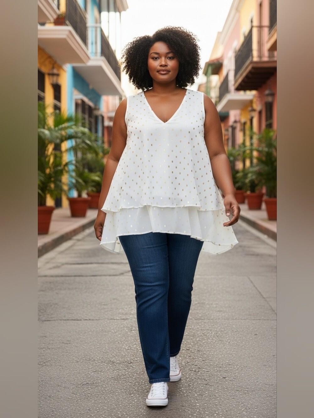 Lane Bryant Size 20 Ivory Gold Dot Sleeveless Layered Tunic Blouse